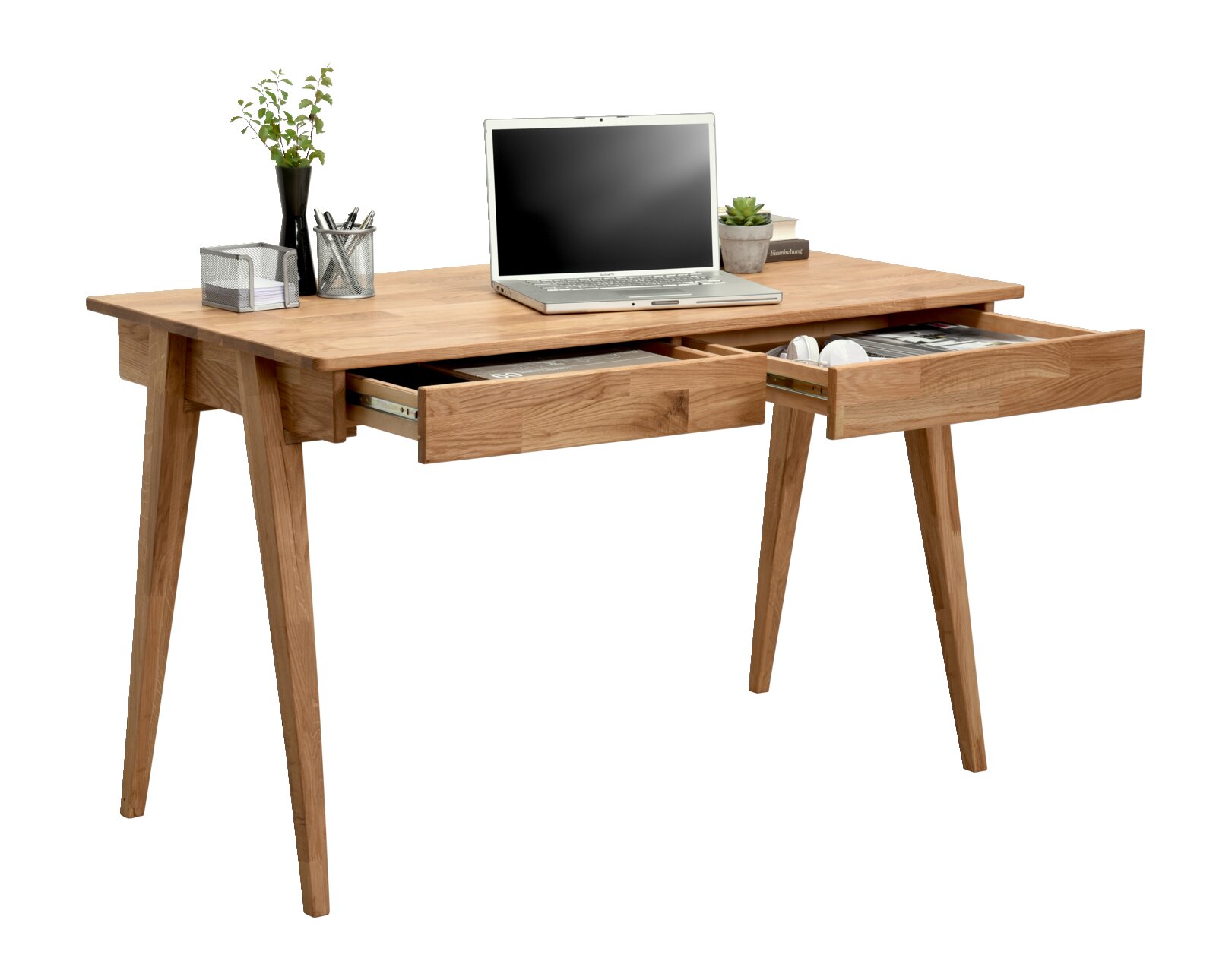 Moderner Schreibtisch aus Holz mit zwei geöffneten Schubladen, darauf ein Laptop und Bürozubehör, seitliche Perspektive.