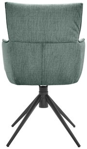 Rückansicht eines grünen Armlehnstuhls mit schwarzem Metallgestell