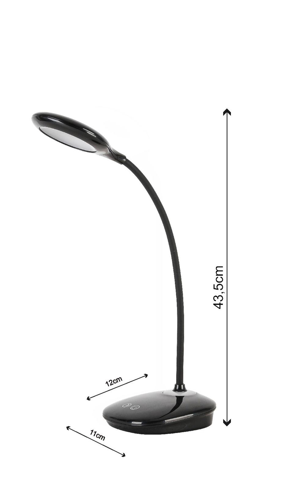 Schwarze LED-Schreibtischleuchte mit flexiblem Hals, seitliche Perspektive, Höhe 43,5 cm, Basis 12x11 cm.