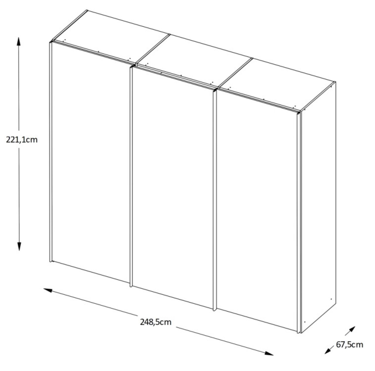 Isometrische Zeichnung eines dreitürigen Schwebetürenschranks mit den Maßen 221,1 cm Höhe, 248,5 cm Breite und 67,5 cm Tiefe.