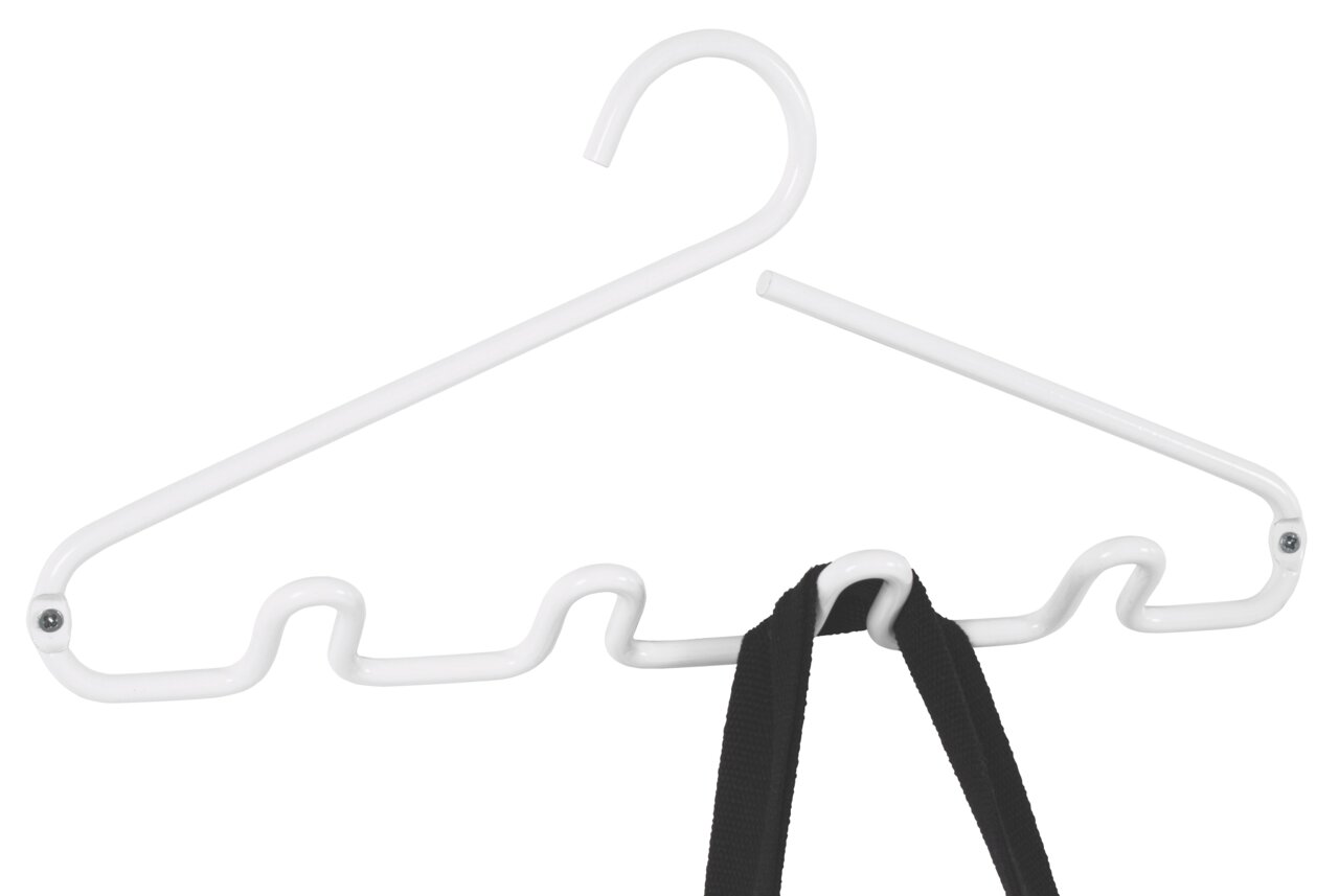 Weiße Garderobenleiste mit mehreren Haken, frontal abgebildet, mit einem schwarzen Band daran hängend.