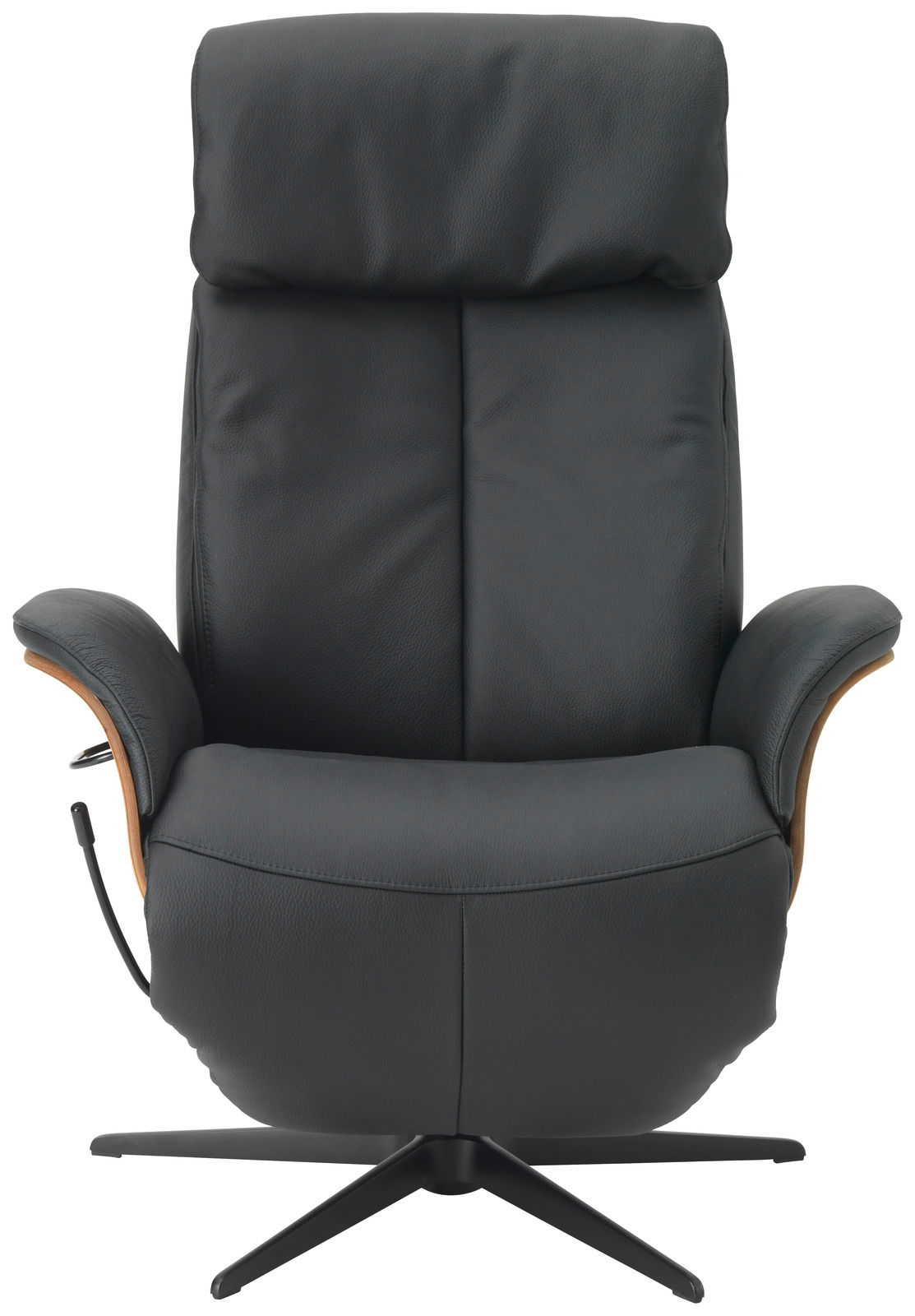 Schwarzer Relaxsessel aus Leder mit Holzdetails, Frontalansicht