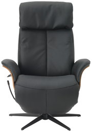 Schwarzer Relaxsessel aus Leder mit Holzdetails, Frontalansicht