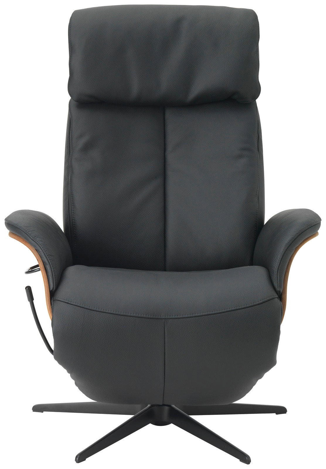 Schwarzer Relaxsessel aus Leder mit Holzdetails, Frontalansicht