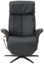 Schwarzer Relaxsessel aus Leder mit Holzdetails, Frontalansicht