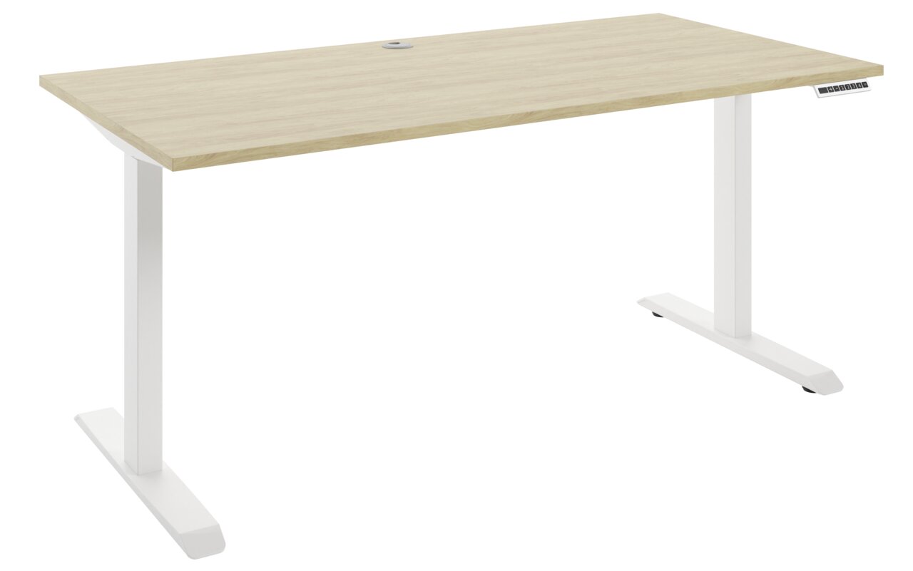 Moderner E-Schreibtisch mit heller Holzoberfläche und weißem Gestell, seitliche Perspektive
