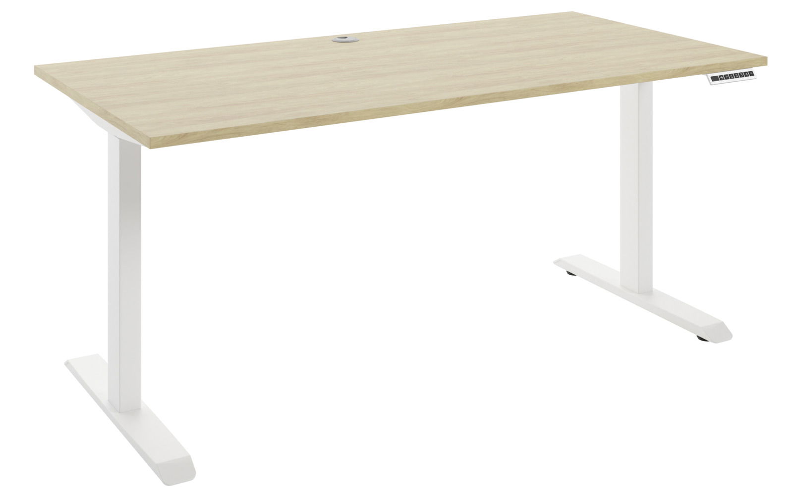 Moderner E-Schreibtisch mit heller Holzoberfläche und weißem Gestell, seitliche Perspektive