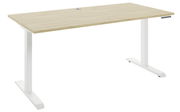 Moderner E-Schreibtisch mit heller Holzoberfläche und weißem Gestell, seitliche Perspektive
