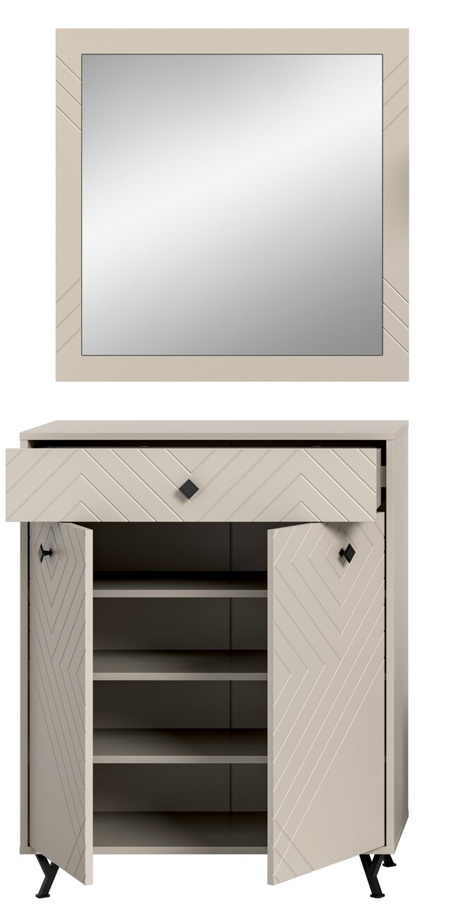 Garderobenkombination mit einem großen rechteckigen Spiegel und einem Schrank mit Schublade und offenen Türen, frontal betrachtet.