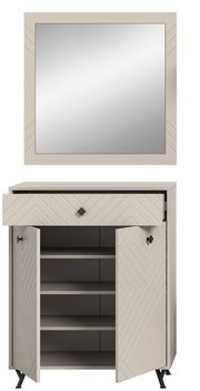 Garderobenkombination mit einem großen rechteckigen Spiegel und einem Schrank mit Schublade und offenen Türen, frontal betrachtet.