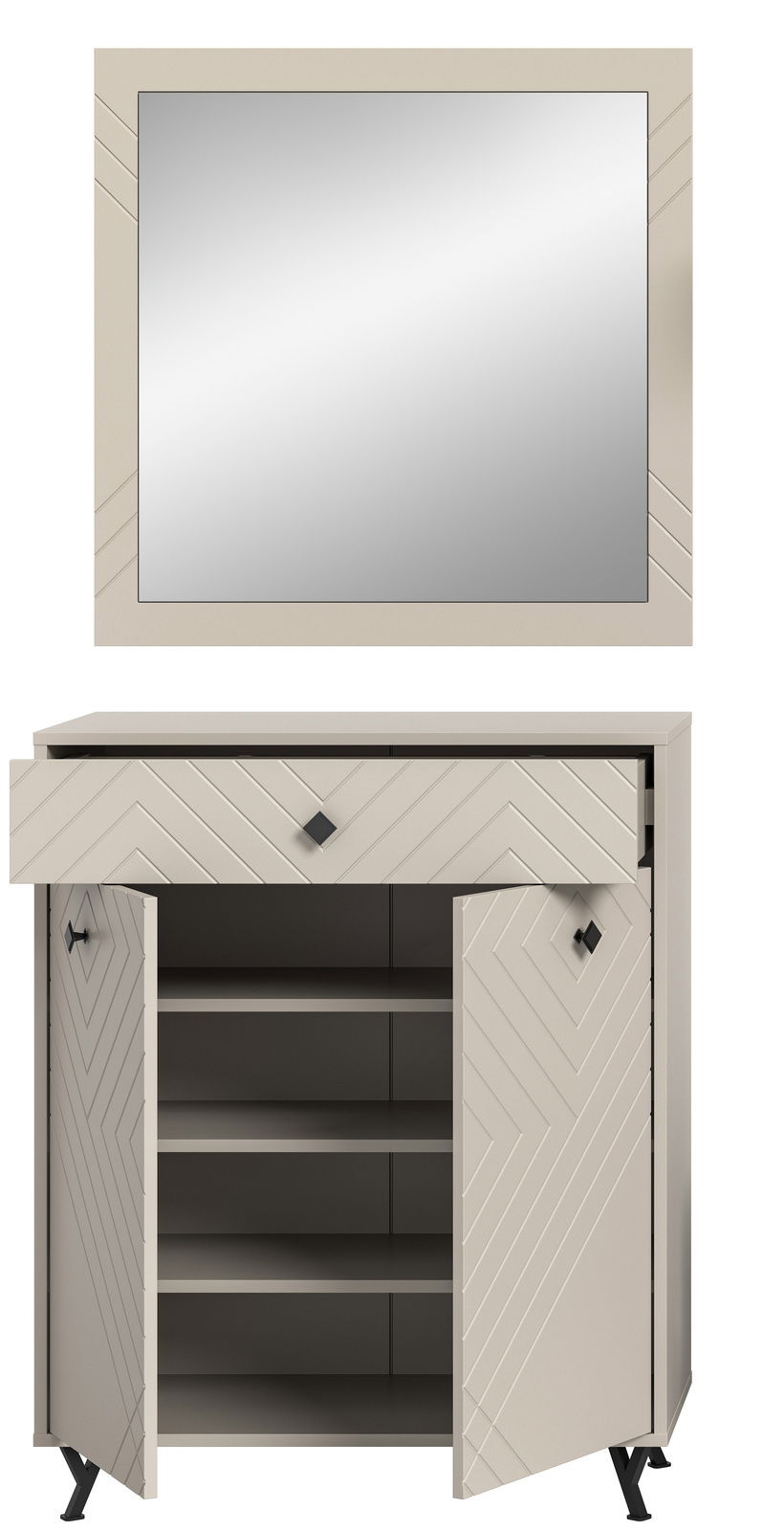 Garderobenkombination mit einem großen rechteckigen Spiegel und einem Schrank mit Schublade und offenen Türen, frontal betrachtet.