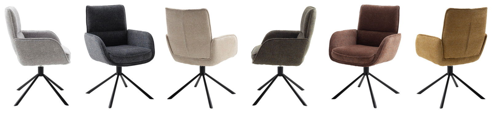 Verschiedene Ansichten des Armlehnstuhls ISABEL von Novel in mehreren Farben, gezeigt aus verschiedenen Perspektiven.