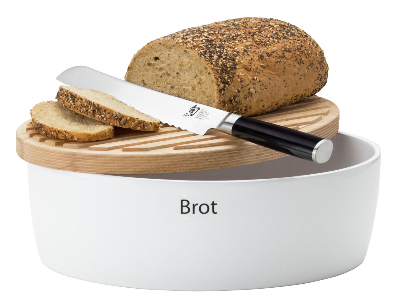 Continenta Ovale broodtrommel met houten deksel Keramischer ovaler Brottopf mit Holzdeckel, darauf ein Laib Brot und ein Messer, seitliche Perspektive