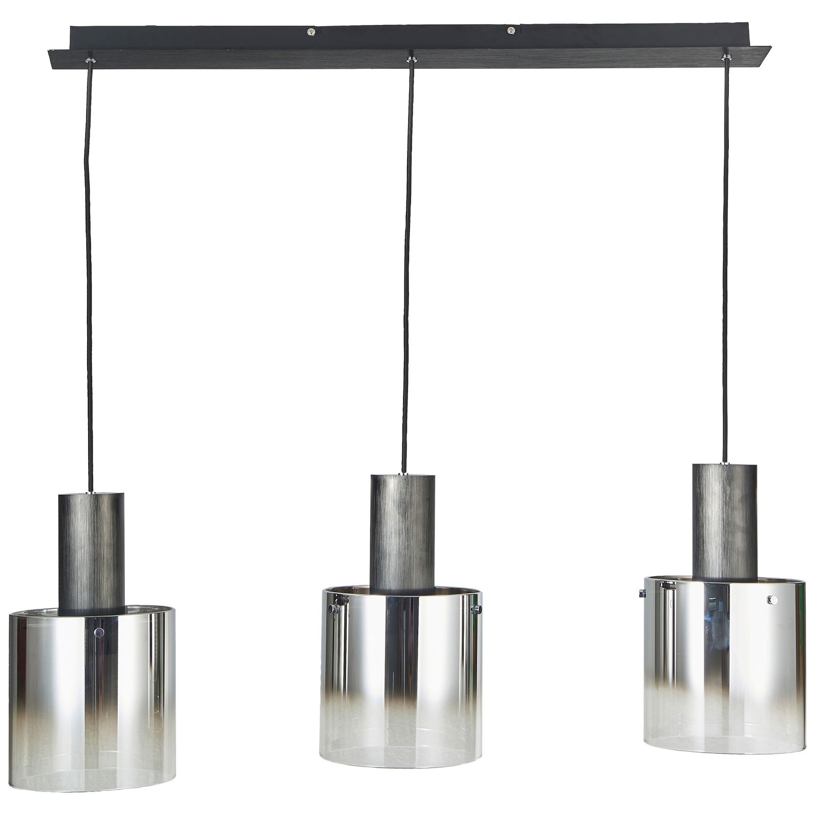 Dreiflammige Pendelleuchte Beth mit zylindrischen, metallischen Schirmen, von vorne betrachtet.