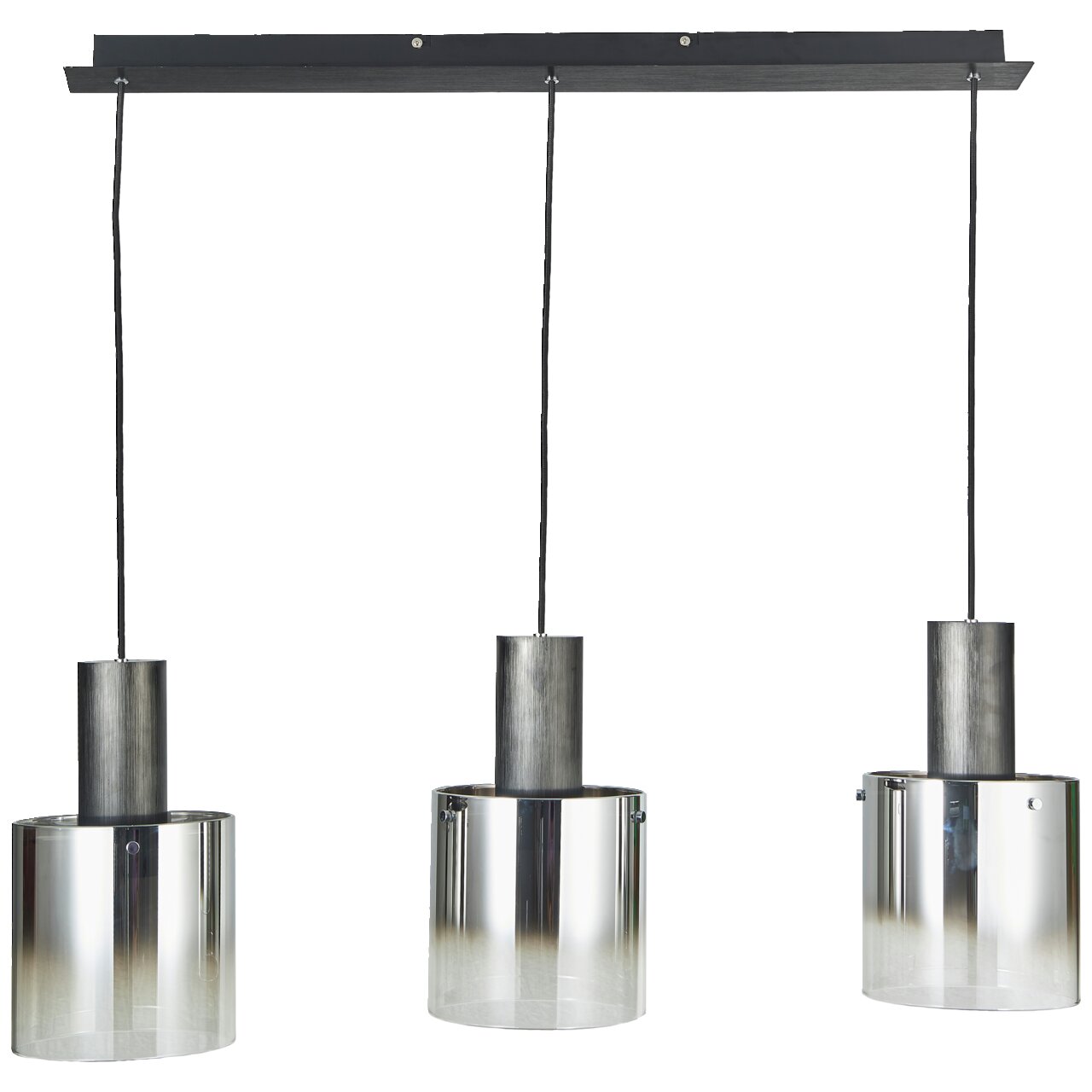 De Beth-hanglamp met drie lampen en cilindrische, metalen kappen, gezien vanaf de voorkant.
