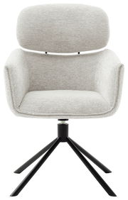 Moderner Sessel mit hellgrauem Stoffbezug und schwarzem Metallgestell, Frontalansicht