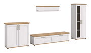Wohnkombination in Weiß mit Holzoberflächen, bestehend aus einem hohen Schrank, einem niedrigen TV-Schrank, einem Wandregal und einem Sideboard, frontal betrachtet.