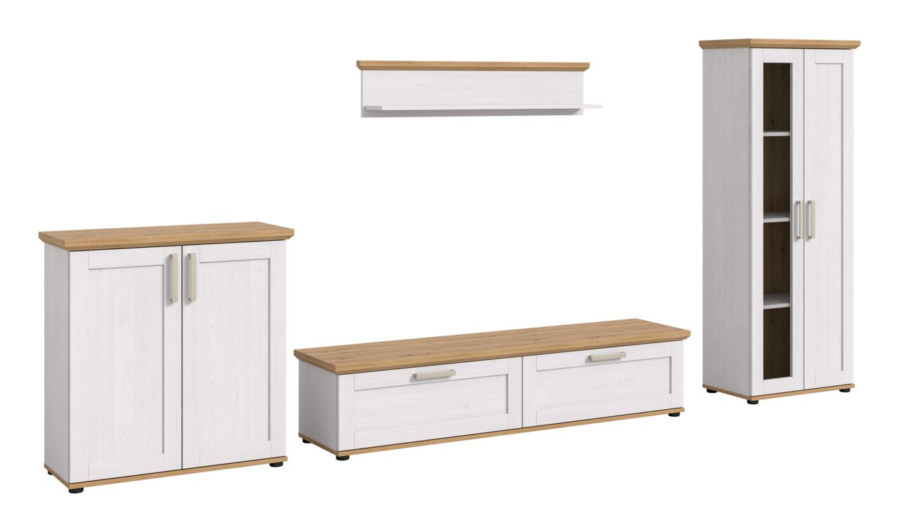 Wohnkombination in Weiß mit Holzoberflächen, bestehend aus einem hohen Schrank, einem niedrigen TV-Schrank, einem Wandregal und einem Sideboard, frontal betrachtet.