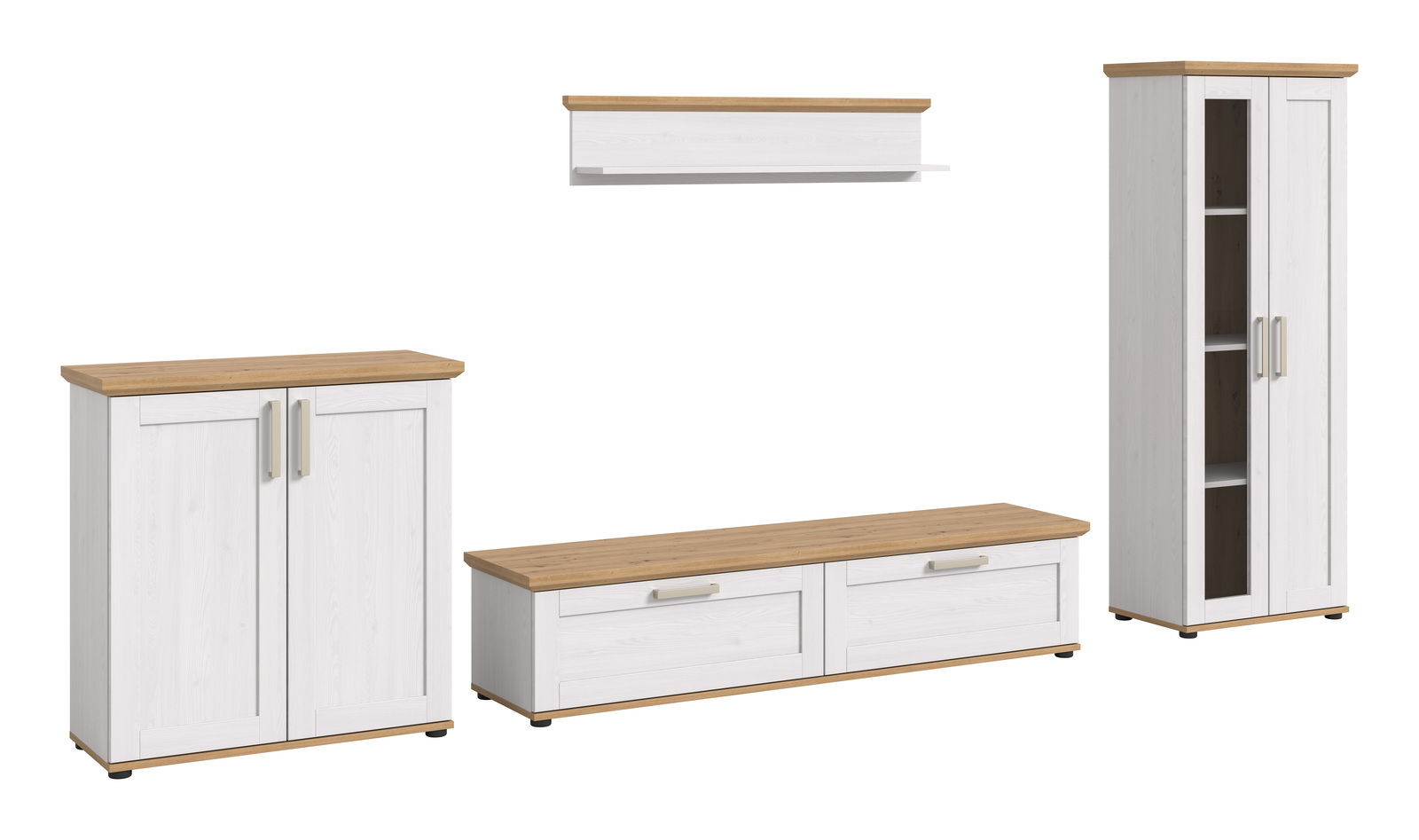 Wohnkombination in Weiß mit Holzoberflächen, bestehend aus einem hohen Schrank, einem niedrigen TV-Schrank, einem Wandregal und einem Sideboard, frontal betrachtet.