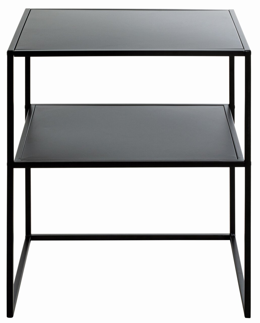 Schwarzer Beistelltisch mit zwei Ebenen, frontal fotografiert