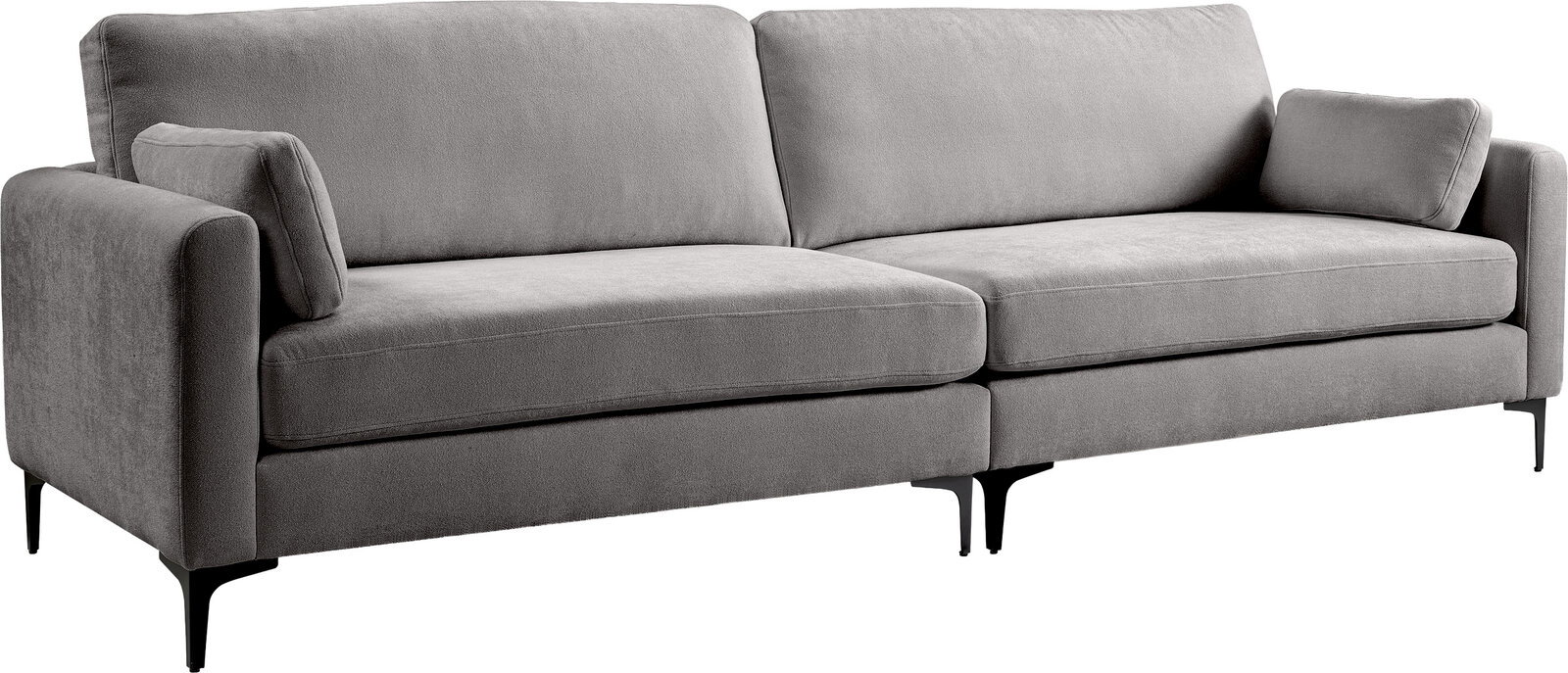 Graues 2-Sitzer-Sofa mit Stoffbezug, breiten Armlehnen, zwei Rückenkissen und schwarzen Metallfüßen, schräg von vorne links fotografiert.