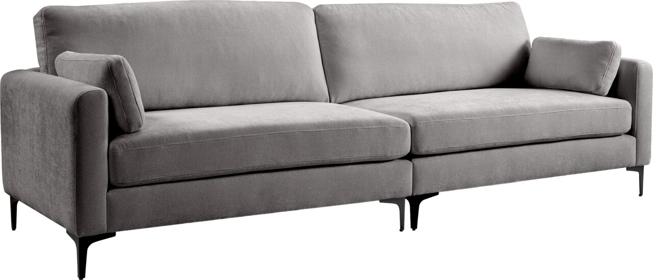 MID.YOU Sofa 4-Sitzer VENTI Graues 2-Sitzer-Sofa mit Stoffbezug, breiten Armlehnen, zwei Rückenkissen und schwarzen Metallfüßen, schräg von vorne links fotografiert.
