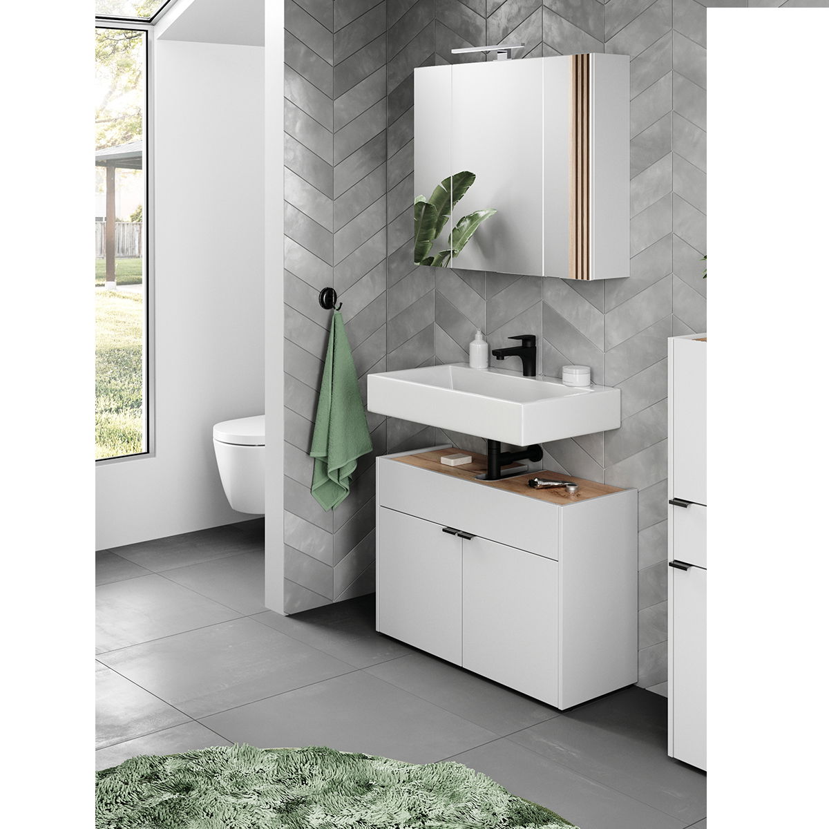 MID.YOU Badmöbel-Set FORANO Modernes Badezimmer-Set mit Waschbecken, Unterschrank und Spiegelschrank in einer hellen, stilvollen Umgebung. Perspektive von vorne links.