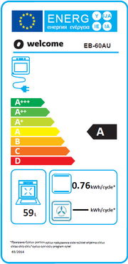 Energieeffizienz-Label für ein Küchengerät mit der Klasse A, Energieverbrauch von 0,76 kWh pro Zyklus und einem Fassungsvermögen von 59 Litern, frontal betrachtet.