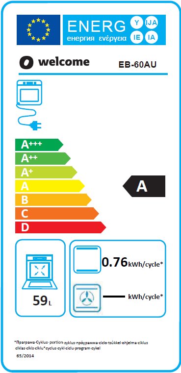 Energieeffizienz-Label für ein Küchengerät mit der Klasse A, Energieverbrauch von 0,76 kWh pro Zyklus und einem Fassungsvermögen von 59 Litern, frontal betrachtet.