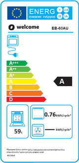 Energieeffizienz-Label für ein Küchengerät mit der Klasse A, Energieverbrauch von 0,76 kWh pro Zyklus und einem Fassungsvermögen von 59 Litern, frontal betrachtet.