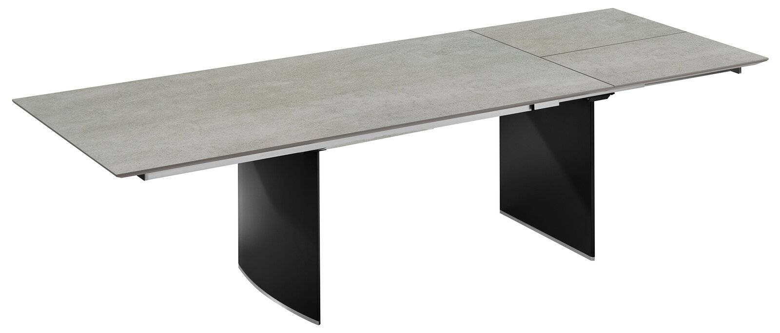 Moderner Esstisch mit grauer Tischplatte und schwarzen Beinen, seitliche Perspektive