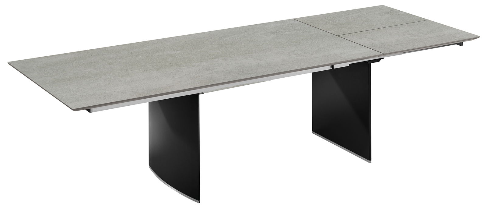 Moderner Esstisch mit grauer Tischplatte und schwarzen Beinen, seitliche Perspektive