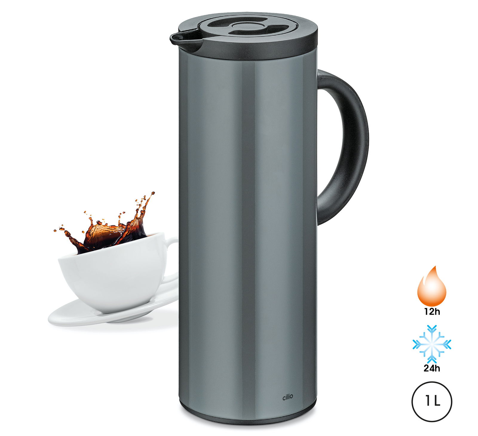 Graue Isolierkanne mit schwarzem Griff und Deckel, seitliche Perspektive, neben einer Tasse mit spritzendem Kaffee. Hält Getränke 12 Stunden heiß und 24 Stunden kalt, Fassungsvermögen 1 Liter.