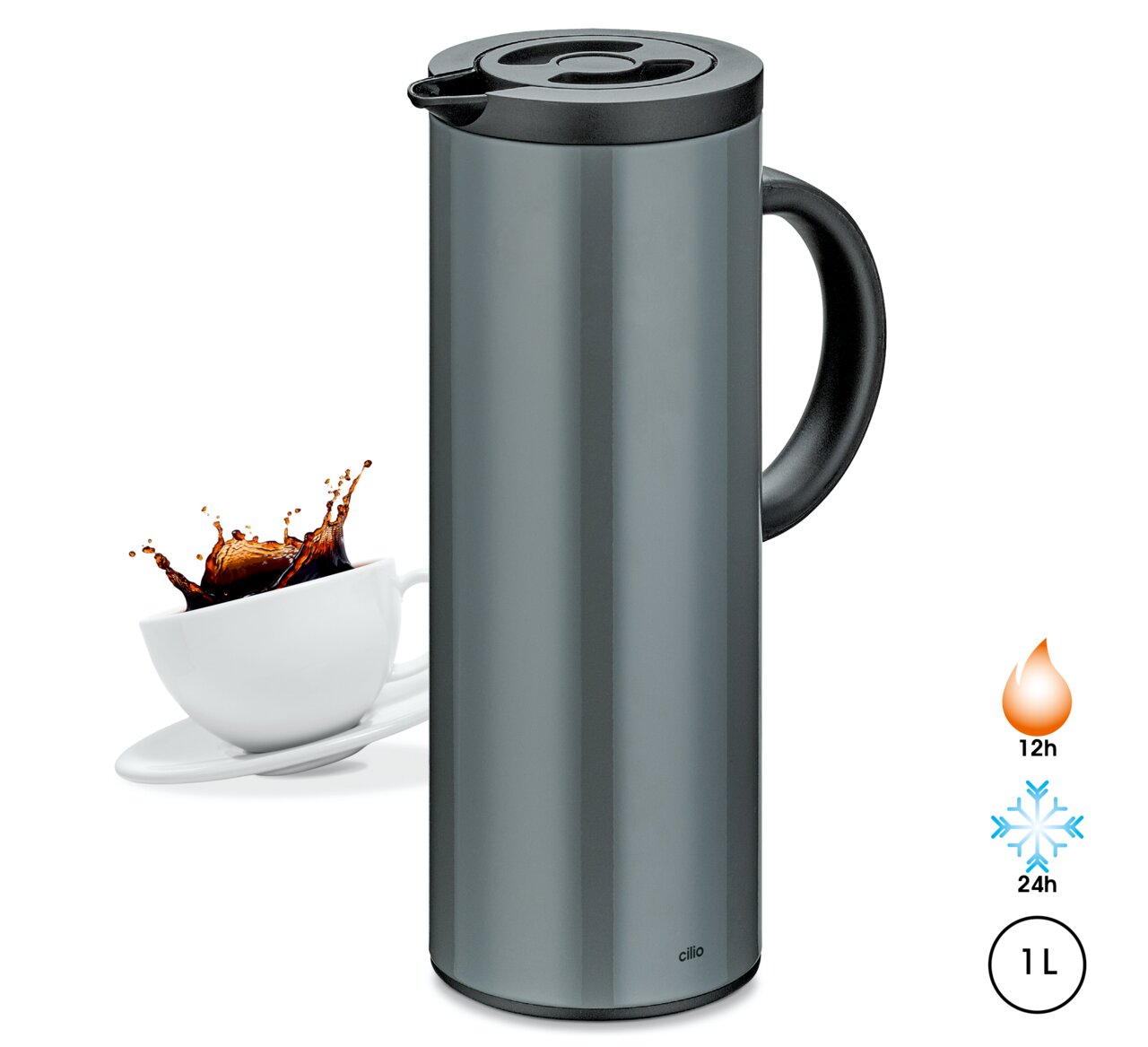 Graue Isolierkanne mit schwarzem Griff und Deckel, seitliche Perspektive, neben einer Tasse mit spritzendem Kaffee. Hält Getränke 12 Stunden heiß und 24 Stunden kalt, Fassungsvermögen 1 Liter.