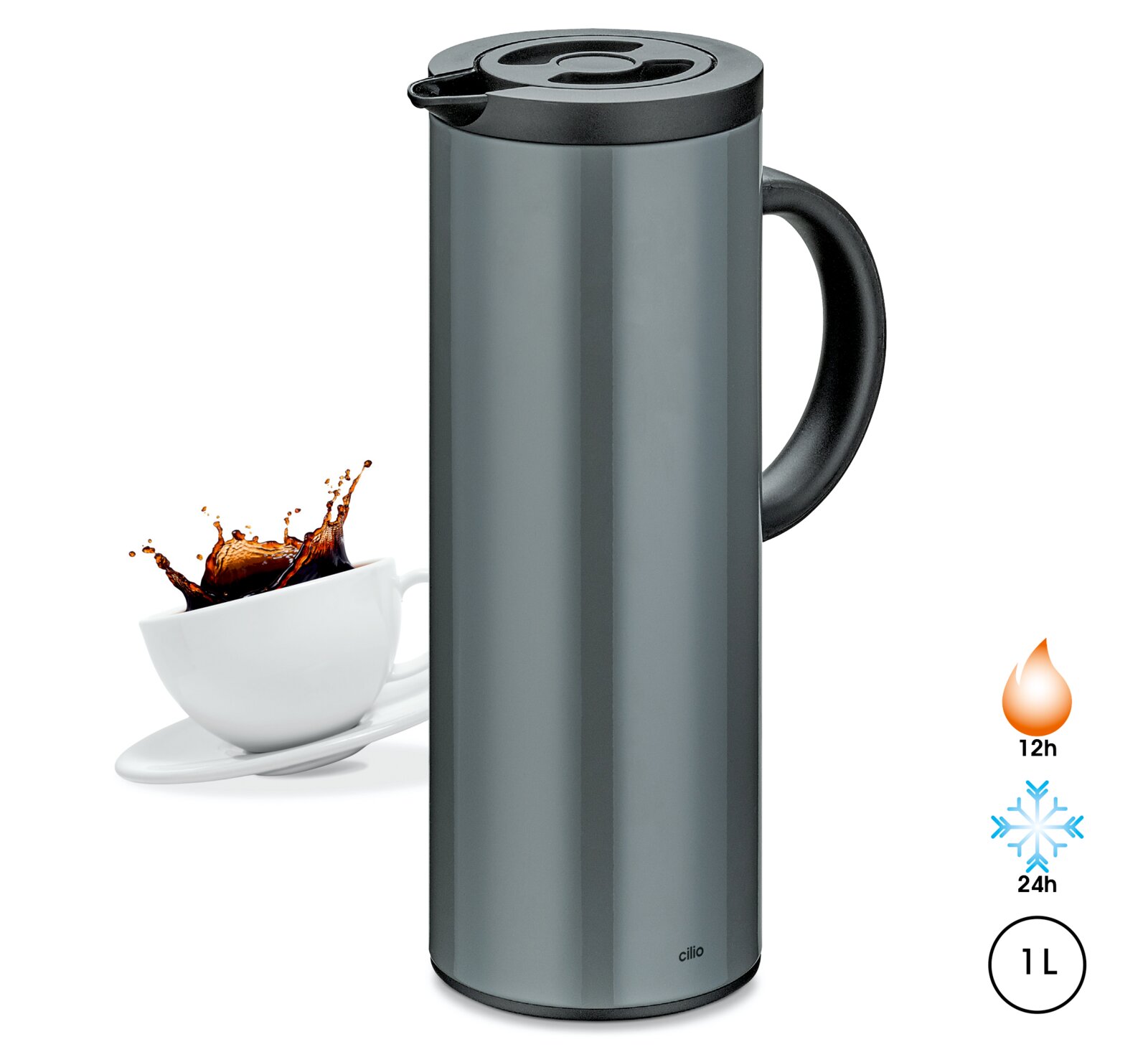 Graue Isolierkanne mit schwarzem Griff und Deckel, seitliche Perspektive, neben einer Tasse mit spritzendem Kaffee. Hält Getränke 12 Stunden heiß und 24 Stunden kalt, Fassungsvermögen 1 Liter.