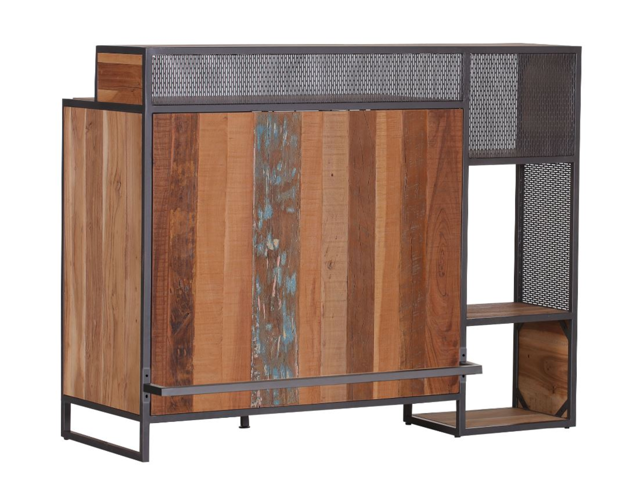 Bar aus Holz und Metall mit rustikalem Design, seitliche Perspektive