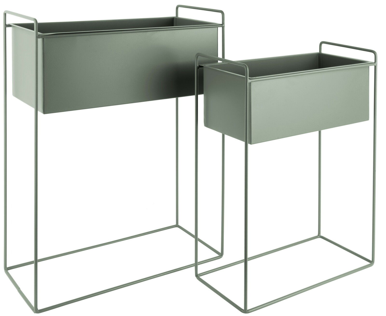 Zwei graue Pflanzgefäße in unterschiedlicher Größe auf hohen, schlanken Metallgestellen, seitliche Perspektive