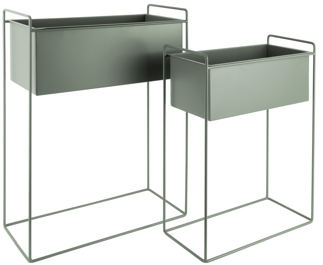 Zwei graue Pflanzgefäße in unterschiedlicher Größe auf hohen, schlanken Metallgestellen, seitliche Perspektive