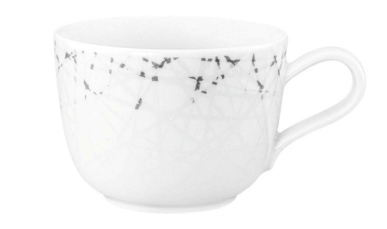 Weiße Kaffeetasse Liberty 0,26l mit schwarzem abstraktem Muster, seitliche Perspektive