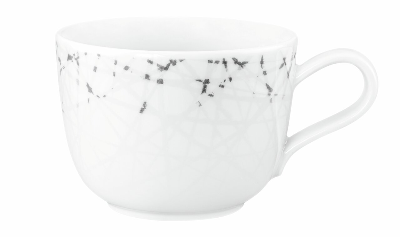 Weiße Kaffeetasse Liberty 0,26l mit schwarzem abstraktem Muster, seitliche Perspektive