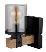 Moderne Wandleuchte mit Holz- und Metallelementen, seitliche Perspektive