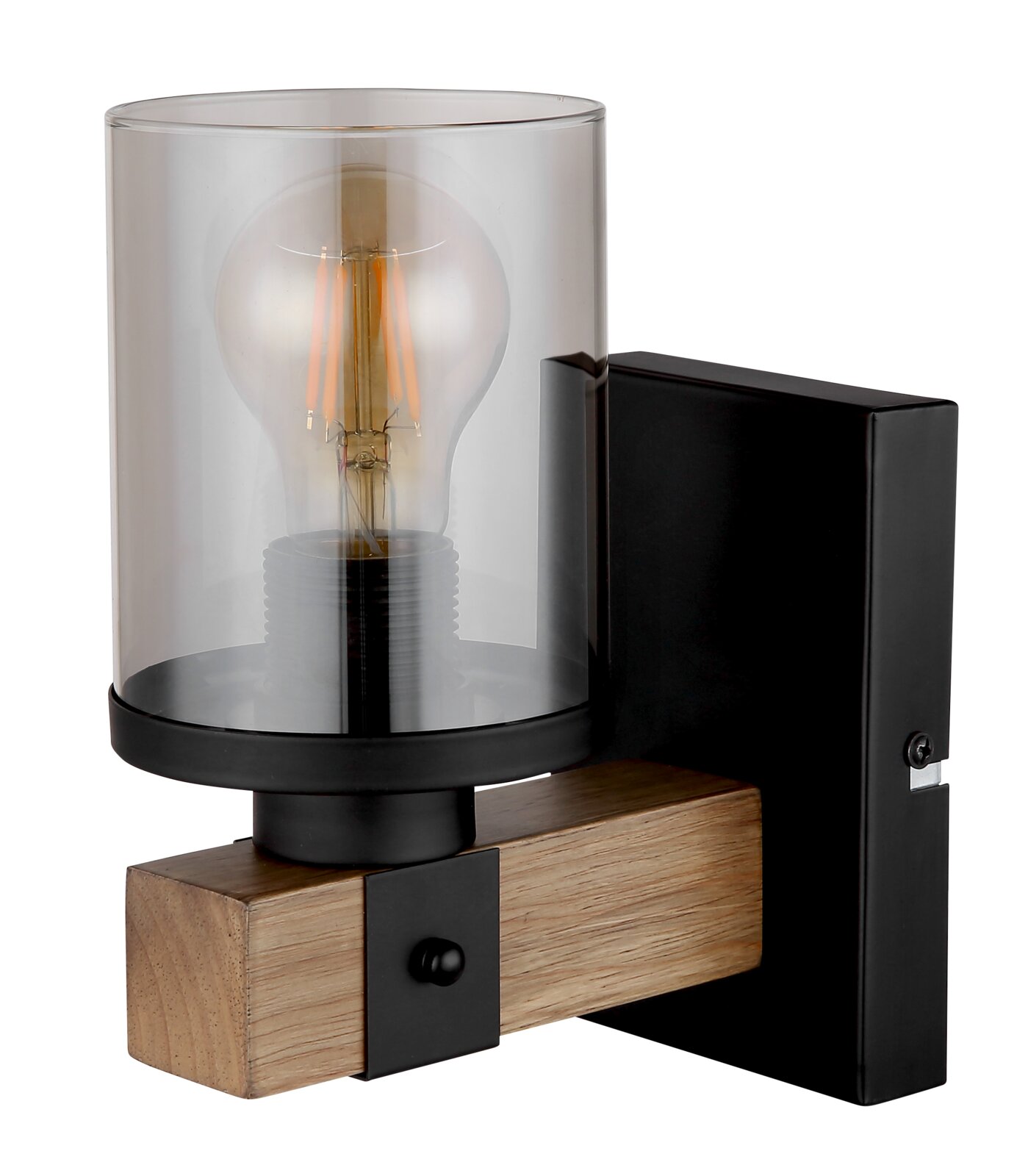 Moderne Wandleuchte mit Holz- und Metallelementen, seitliche Perspektive