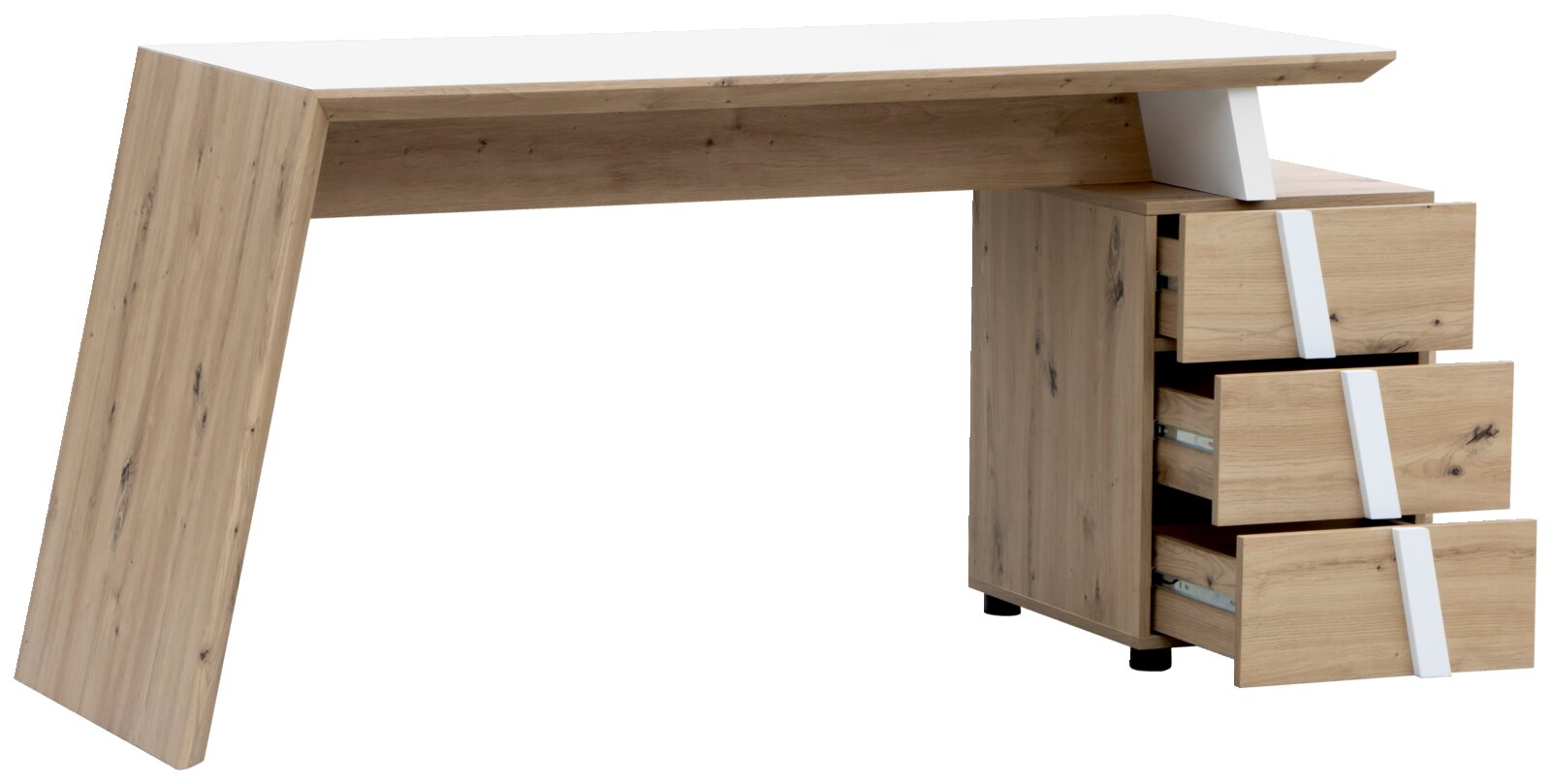 Moderner Schreibtisch aus Holz mit schrägem Bein und drei offenen Schubladen, seitliche Perspektive