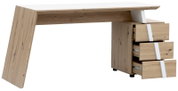 Moderner Schreibtisch aus Holz mit schrägem Bein und drei offenen Schubladen, seitliche Perspektive
