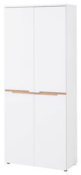 Weißer XL-Schuhschrank mit vier Türen, frontal betrachtet, mit Holzdetails.