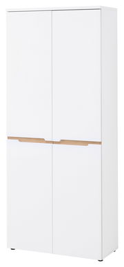 Weißer XL-Schuhschrank mit vier Türen, frontal betrachtet, mit Holzdetails.