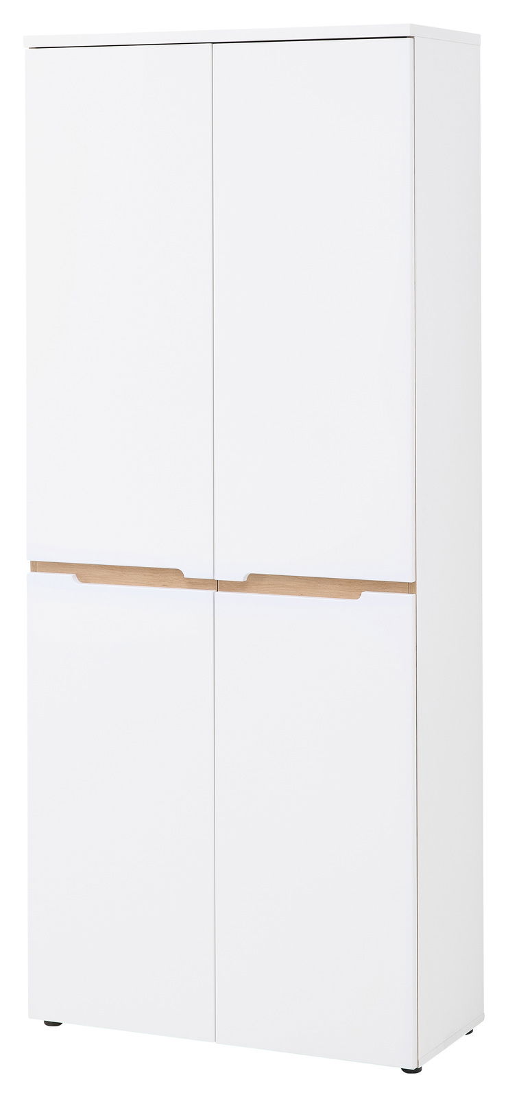 Weißer XL-Schuhschrank mit vier Türen, frontal betrachtet, mit Holzdetails.