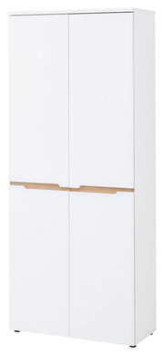 Weißer XL-Schuhschrank mit vier Türen, frontal betrachtet, mit Holzdetails.
