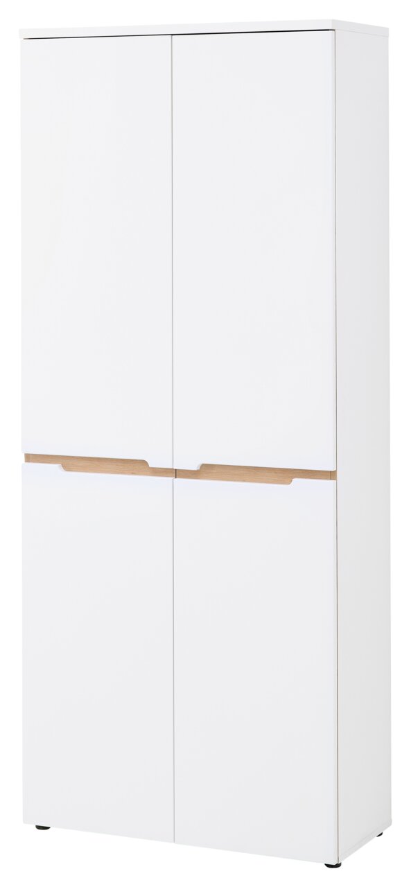 XORA Hoge XL-schoenenkast MEMPHIS Witte XL-schoenenkast met vier deuren, gezien vanaf de voorkant, met houten details.