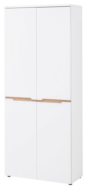 Witte XL-schoenenkast met vier deuren, gezien vanaf de voorkant, met houten details.